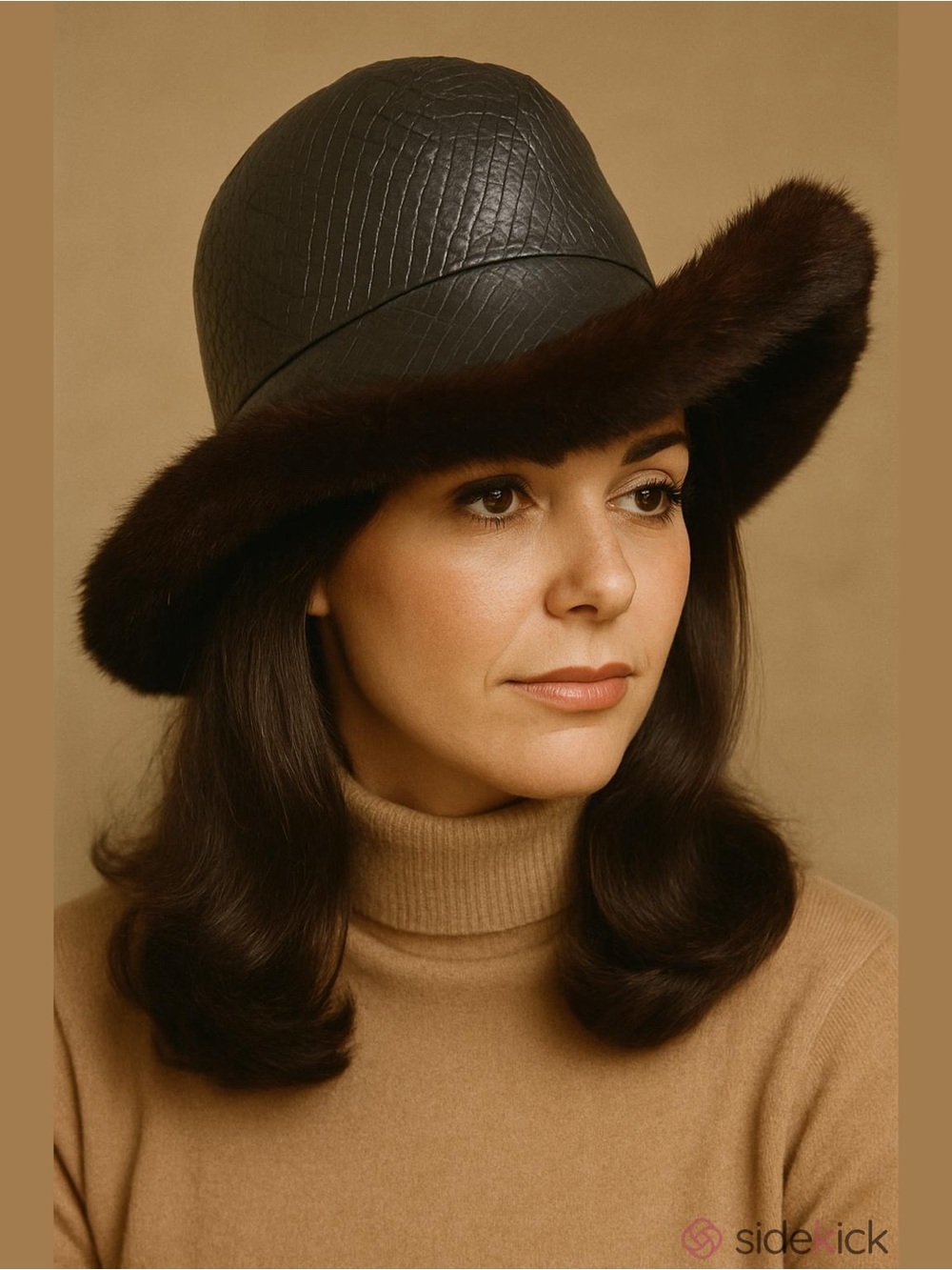 70s MISS ALICE MCM DARK BROWN MINK WIDE BRIM HAT W BLACK FAUX LEATHER W CROWN